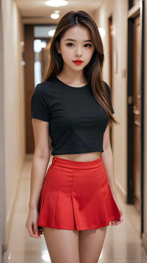 a young girl, 15 years old, slightly short stature, narrow hips, thin thighs, large soft brown eyes, long straight hair, unique, unusual, amazing, brilliant, incredible, perfect, rich detail, clear and perfect eyes, realistic, cinematic, brilliant, sharp focus, full body shot, attractive, ((with red lips)), in a ((plain black t-shirt and a fine round plain miniskirt)), thin silk, beautiful, alone in an empty corridor.