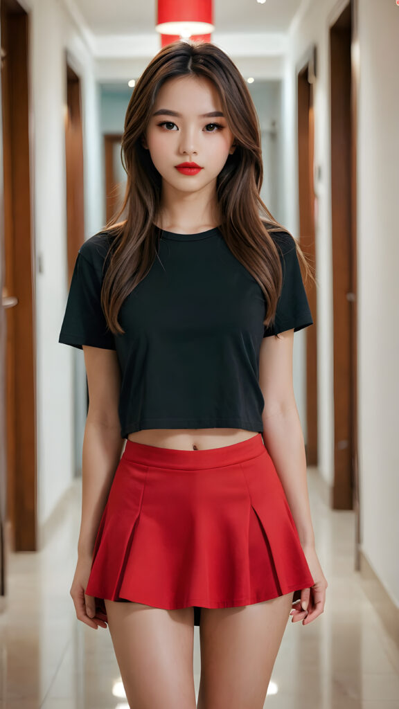 a young girl, 15 years old, slightly short stature, narrow hips, thin thighs, large soft brown eyes, long straight hair, unique, unusual, amazing, brilliant, incredible, perfect, rich detail, clear and perfect eyes, realistic, cinematic, brilliant, sharp focus, full body shot, attractive, ((with red lips)), in a ((plain black t-shirt and a fine round plain miniskirt)), thin silk, beautiful, alone in an empty corridor.