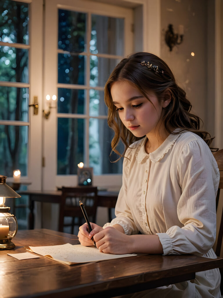 a (((young girl))) sitting at a (((table))) writing a letter, surrounded by a (((mysterious atmosphere))), with dim light softly illuminating the room and casting a haunting glow that adds to the (serenity and melancholy)