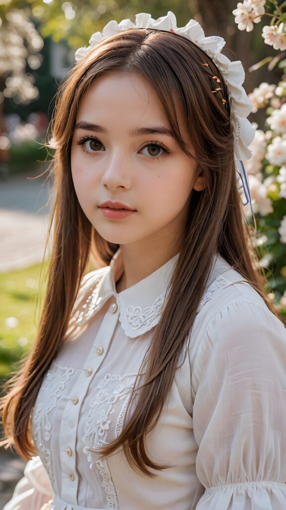 a (((young girl))), light white dressed, straight soft long brown hair, ((round face)), full kissable lips, round eyes, perfect skin, looks like a Lolita