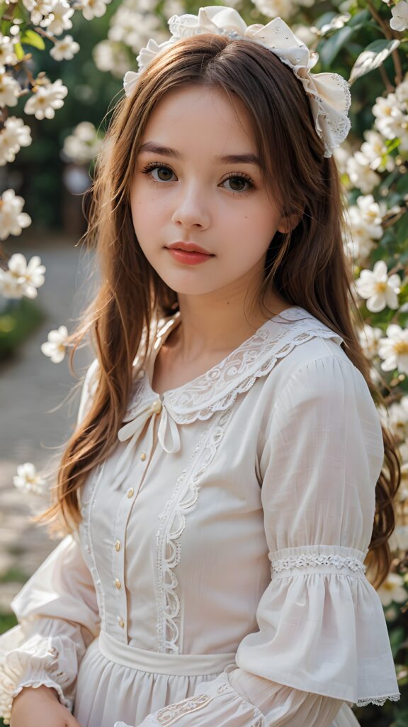 a (((young girl))), light white dressed, straight soft long brown hair, ((round face)), full kissable lips, round eyes, perfect skin, looks like a Lolita