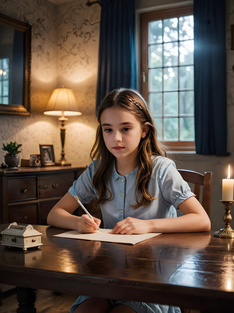 a (((young girl))) sitting at a (((table))) writing a letter, surrounded by a (((mysterious atmosphere))), with dim light softly illuminating the room and casting a haunting glow that adds to the (serenity and melancholy)