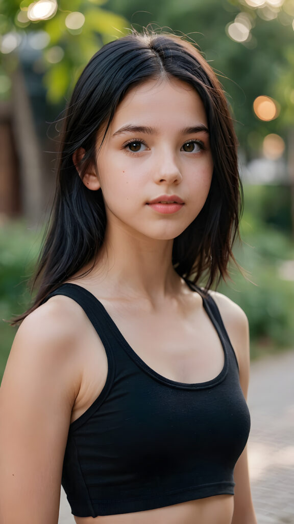 a (((young girlie, 14 years old))), wears a (short cropped black tank top), straight soft long black hair, ((round face)), full kissable lips, round eyes, perfect skin