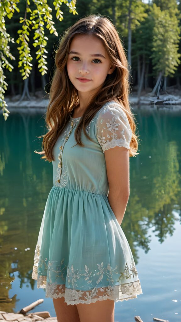 a (((young girl with long, brown hair, short thin dressed))), stands in front of a (((crystal-clear lake))), surrounded by (trees that cast soft shadows across the water), her face serene and enjoying the natural beauty around her