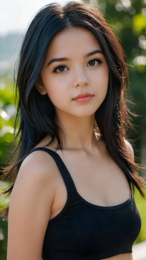 a (((young girlie))), wears a short cropped black tank top, straight soft long black hair, ((round face)), full kissable lips, round eyes, perfect skin