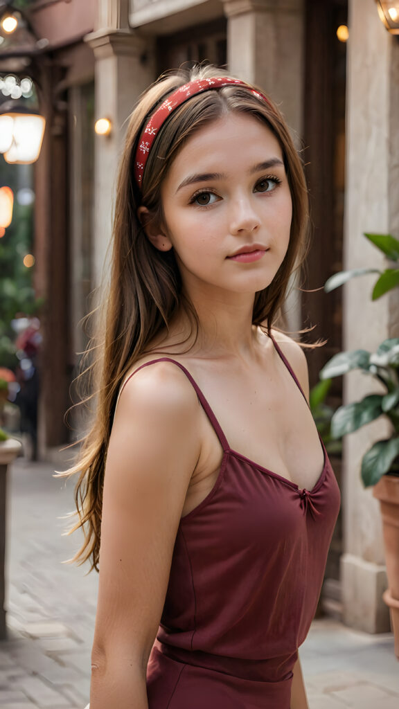 a (((young girl with luxuriously long, straight soft brown hair))), wearing a sleek, crimson headband, standing confidently in a (dreamlike atmosphere), perfect curved body, sleek short thin dressed