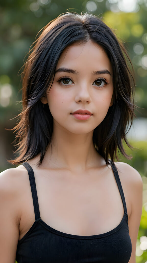 a (((young girlie))), wears a short cropped black tank top, straight soft long black hair, ((round face)), full kissable lips, round eyes, perfect skin