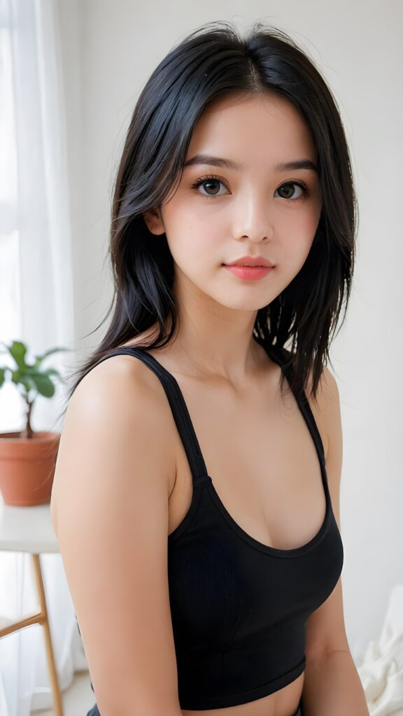 a (((young girlie))), wears a short cropped black tank top, straight soft long black hair, ((round face)), full kissable lips, round eyes, perfect skin