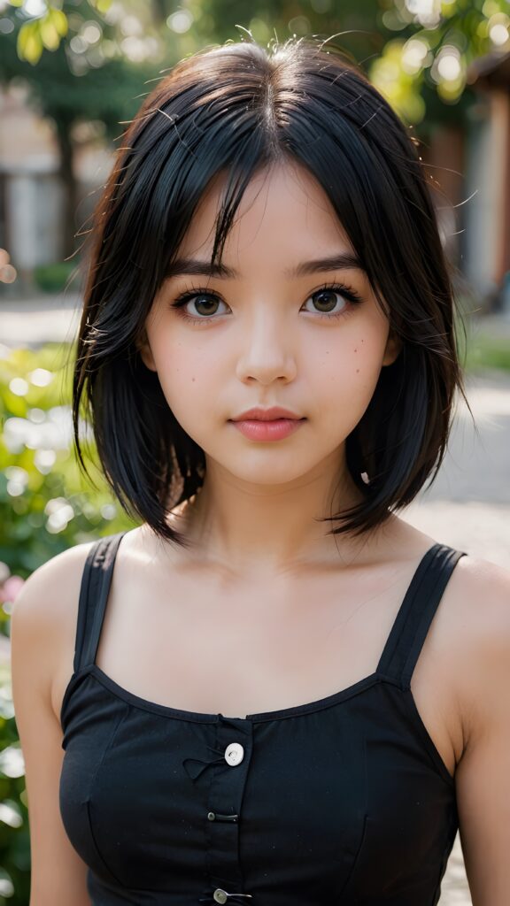 a (((young girl))), wears a short cropped black tank top, straight soft long black hair, ((round face)), full kissable lips, round eyes, perfect skin, looks like a Lolita