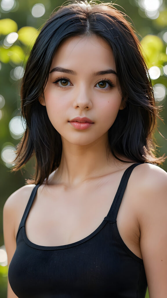 a (((young girlie))), wears a short cropped black tank top, straight soft long black hair, ((round face)), full kissable lips, round eyes, perfect skin