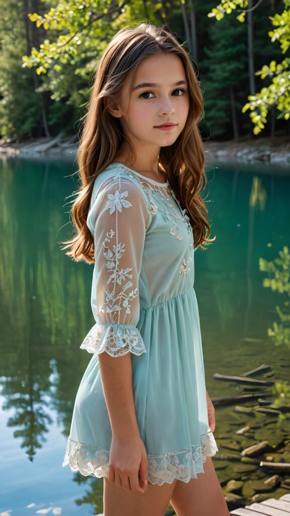 a (((young girl with long, brown hair, short thin dressed))), stands in front of a (((crystal-clear lake))), surrounded by (trees that cast soft shadows across the water), her face serene and enjoying the natural beauty around her