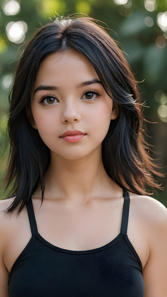 a (((young girlie))), wears a short cropped black tank top, straight soft long black hair, ((round face)), full kissable lips, round eyes, perfect skin