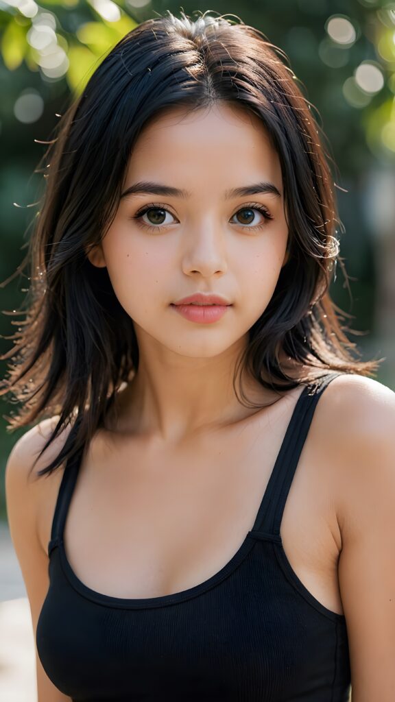 a (((young girl))), wears a short cropped black tank top, straight soft long black hair, ((round face)), full kissable lips, round eyes, perfect skin and perfect curved body