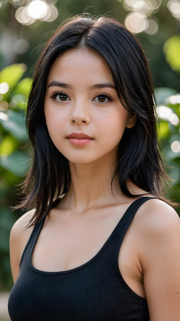 a (((young girl))), wears a short cropped black tank top, straight soft long black hair, ((round face)), full kissable lips, round eyes, perfect skin and perfect curved body