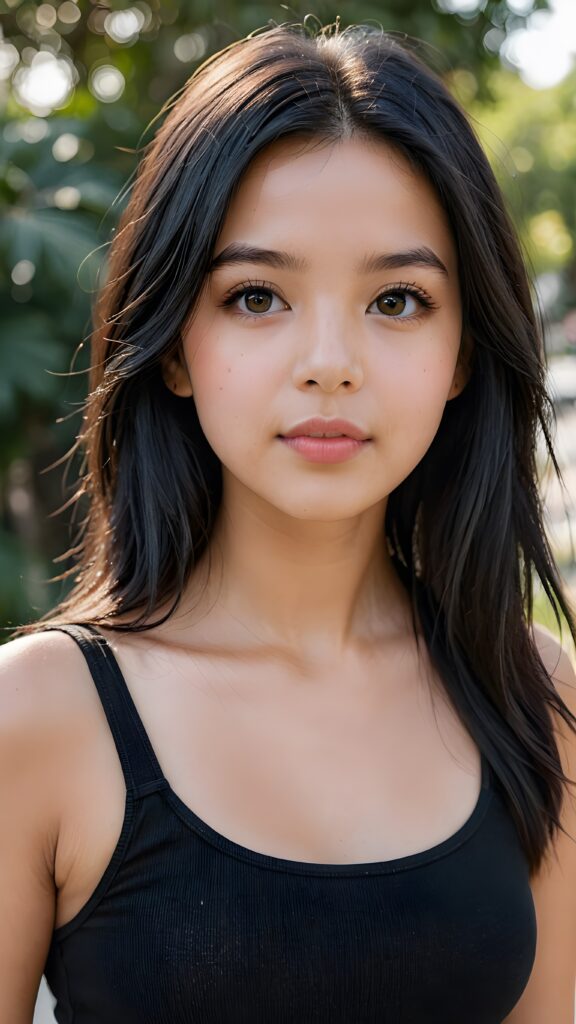 a (((young girl))), wears a short cropped black tank top, straight soft long black hair, ((round face)), full kissable lips, round eyes, perfect skin and perfect curved body