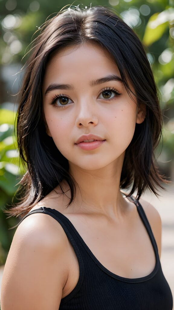 a (((young girlie))), wears a short cropped black tank top, straight soft long black hair, ((round face)), full kissable lips, round eyes, perfect skin and perfect curved body