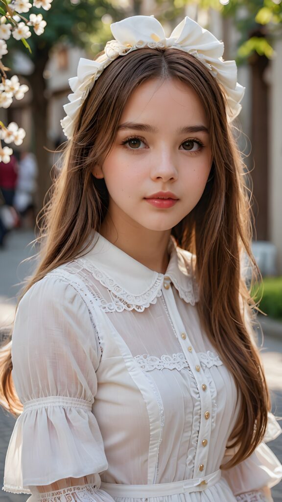 a (((young girl))), light white dressed, straight soft long brown hair, ((round face)), full kissable lips, round eyes, perfect skin, looks like a Lolita