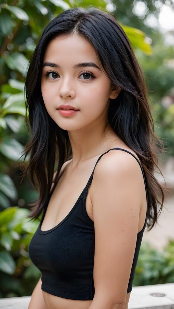 a (((young girlie))), wears a short cropped black tank top, straight soft long black hair, ((round face)), full kissable lips, round eyes, perfect skin and perfect curved body