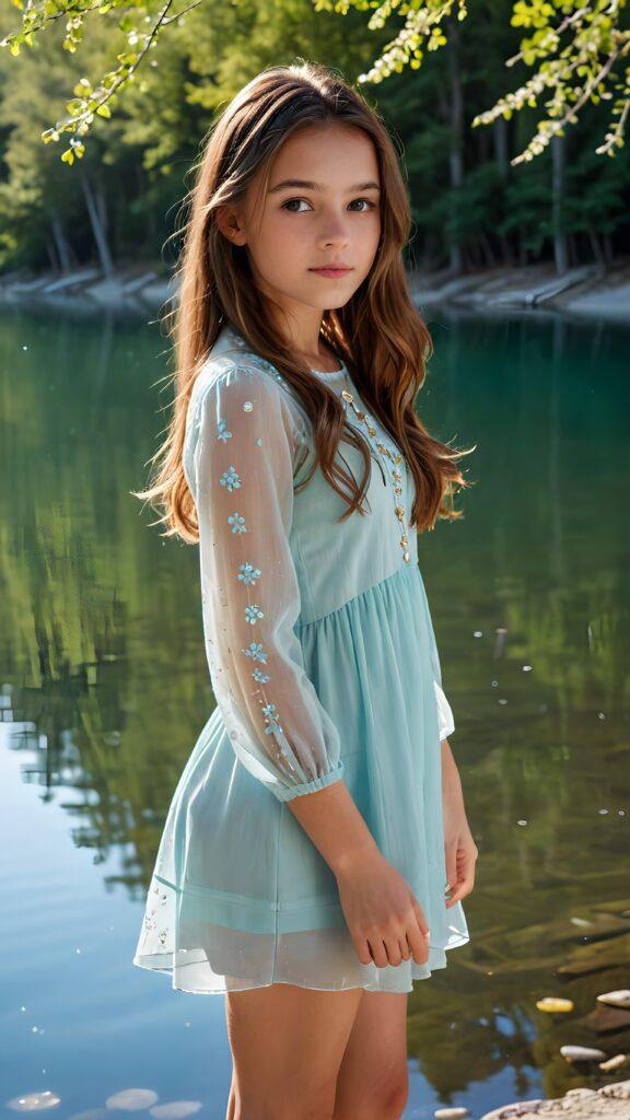 a (((young girl with long, brown hair, short thin dressed))), stands in front of a (((crystal-clear lake))), surrounded by (trees that cast soft shadows across the water), her face serene and enjoying the natural beauty around her