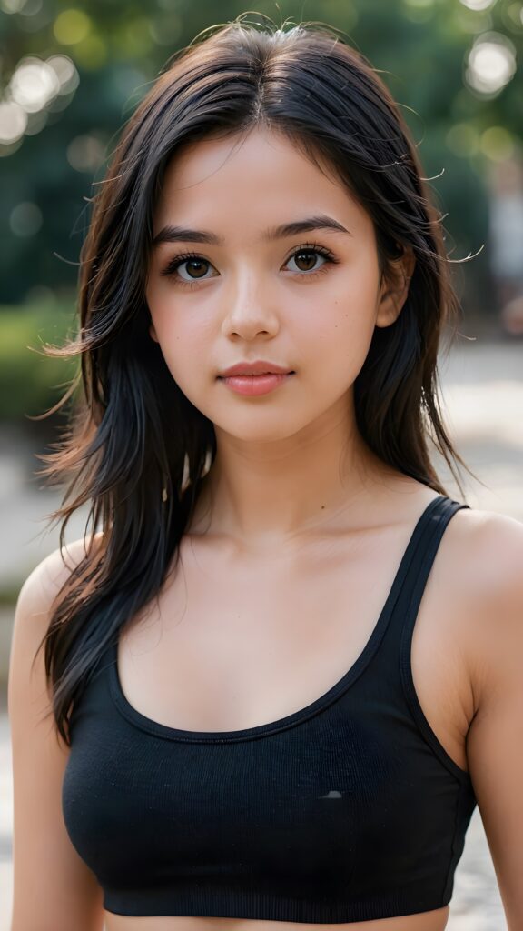 a (((young girlie))), wears a short cropped black tank top, straight soft long black hair, ((round face)), full kissable lips, round eyes, perfect skin and perfect curved body