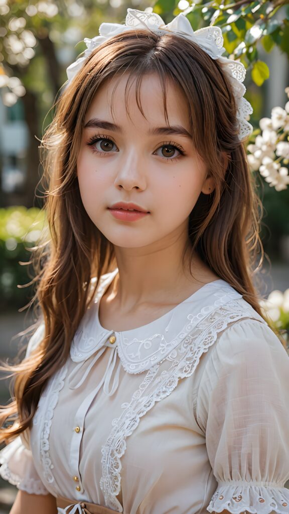 a (((young girl))), light white dressed, straight soft long brown hair, ((round face)), full kissable lips, round eyes, perfect skin, looks like a Lolita