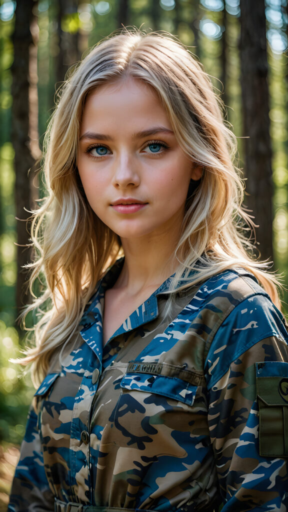 a young girl in camouflage dress, straight flowing light blonde soft hair, blue eyes, ((perfect detailed photo))