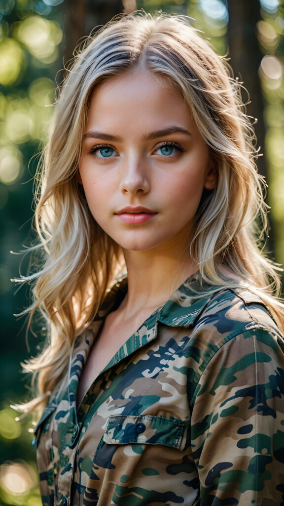 a young girl in camouflage dress, straight flowing light blonde soft hair, blue eyes, ((perfect detailed photo))