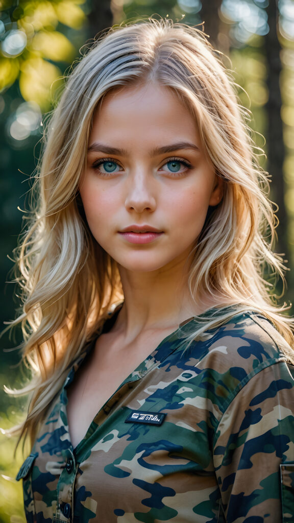 a young girl in camouflage dress, straight flowing light blonde soft hair, blue eyes, ((perfect detailed photo))