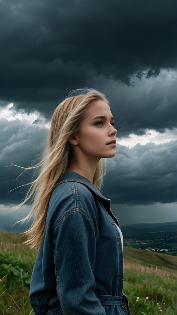 a young girl in a casual look stands on a hill and looks into the distance. Dark clouds are in the sky and create a mystical, spooky atmosphere. She has thin, long blonde hair that is blowing in the wind, upper body