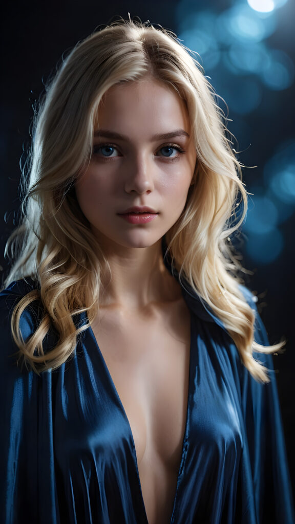 a young teen girl in a thin silk cloak with blonde, detailed hair, close-up, a blue aura surrounds her, she has a perfect body, ((stunnung)) ((mysterious)) ((dark background)) (round face)