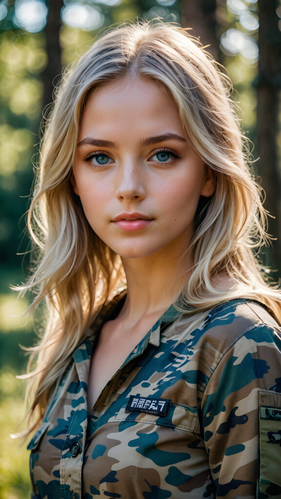 a young girl in camouflage dress, straight flowing light blonde soft hair, blue eyes, ((perfect detailed photo))