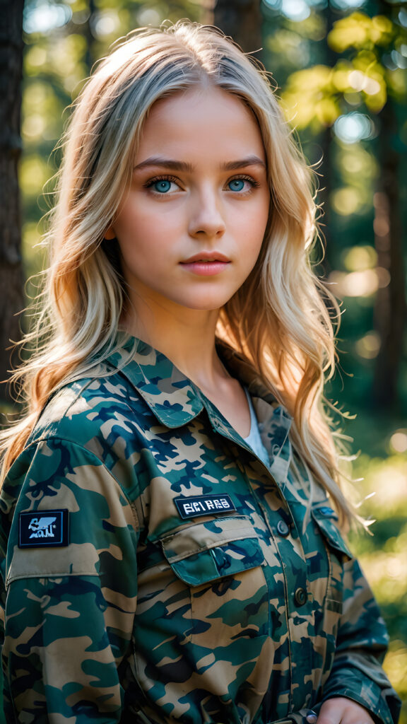 a young girl in camouflage dress, straight flowing light blonde soft hair, blue eyes, ((perfect detailed photo))