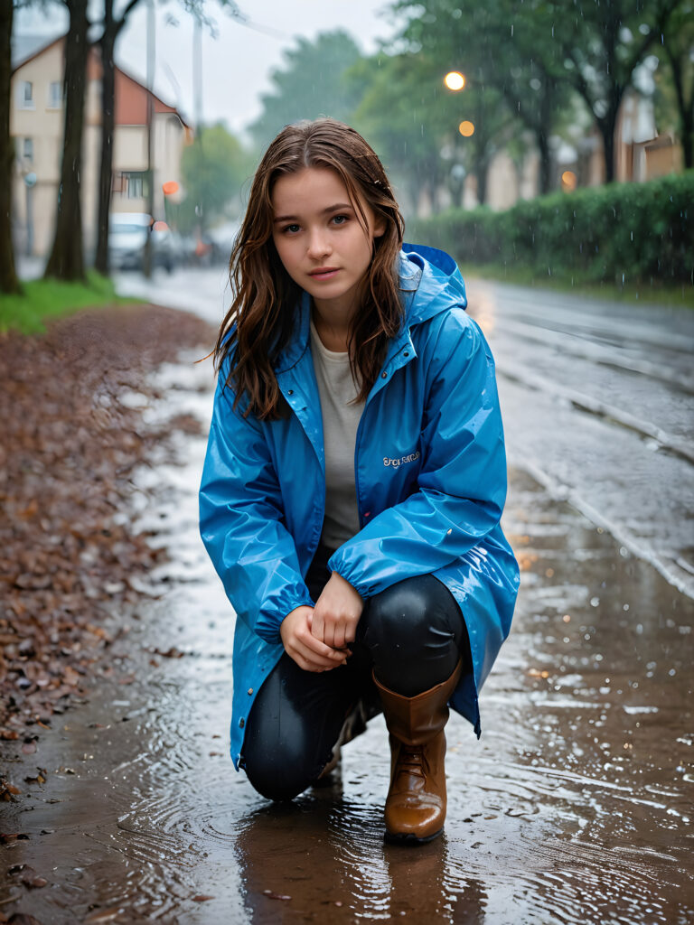 a young girl is kneeling on the wet ground in the rain. She wears a blue thin rain jacket and has brown wet hair, and she is looking for something.