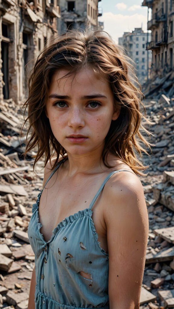 a young girl stands in a city destroyed by war. She is poor and scantily dressed. She cries. She is alone. Her hair is disheveled and dirty. She looks sadly into the camera. ((realistic, detailed photo))