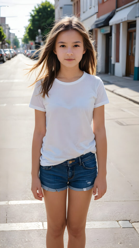 a young girl stands on an empty, wide street. She is wearing a thin and short white t-shirt and looking down the street. She has long hair.