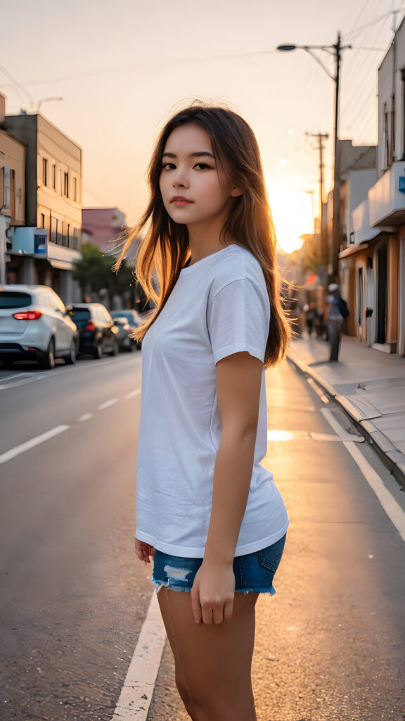 a young girl stands on an empty, wide street. She is wearing a thin and ((short white t-shirt)) and looking down the street. She has long straight soft hair, a beautiful sunset is at the end of the street