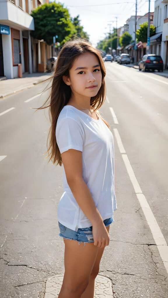 a young girl stands on an empty, wide street. She is wearing a thin and short white t-shirt and looking down the street. She has long hair.