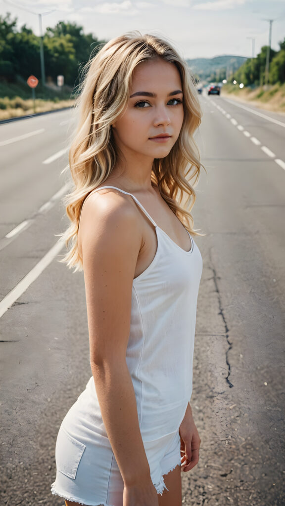 a young girl stands on an empty, wide highway, she is wearing a thin and short white tank top and looking down the street. She has long wavy soft blond hair.