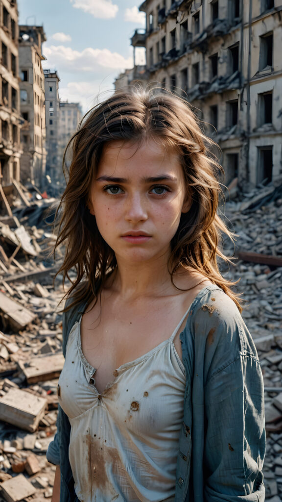 a young girl stands in a city destroyed by war. She is poor and scantily dressed. She cries. She is alone. Her hair is disheveled and dirty. She looks sadly into the camera. ((realistic, detailed photo))