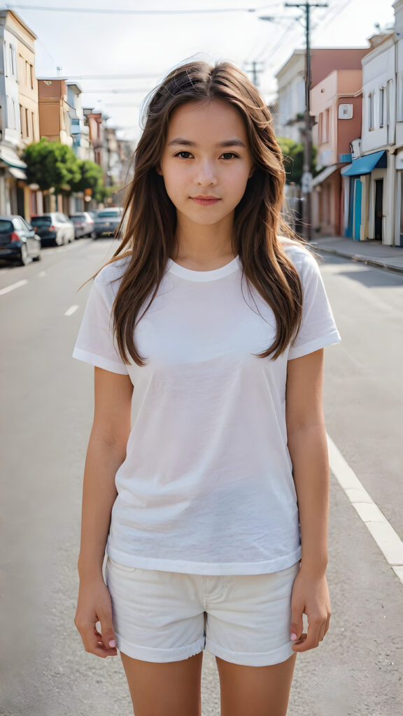 a young girl stands on an empty, wide street. She is wearing a thin and short white t-shirt and looking down the street. She has long hair.