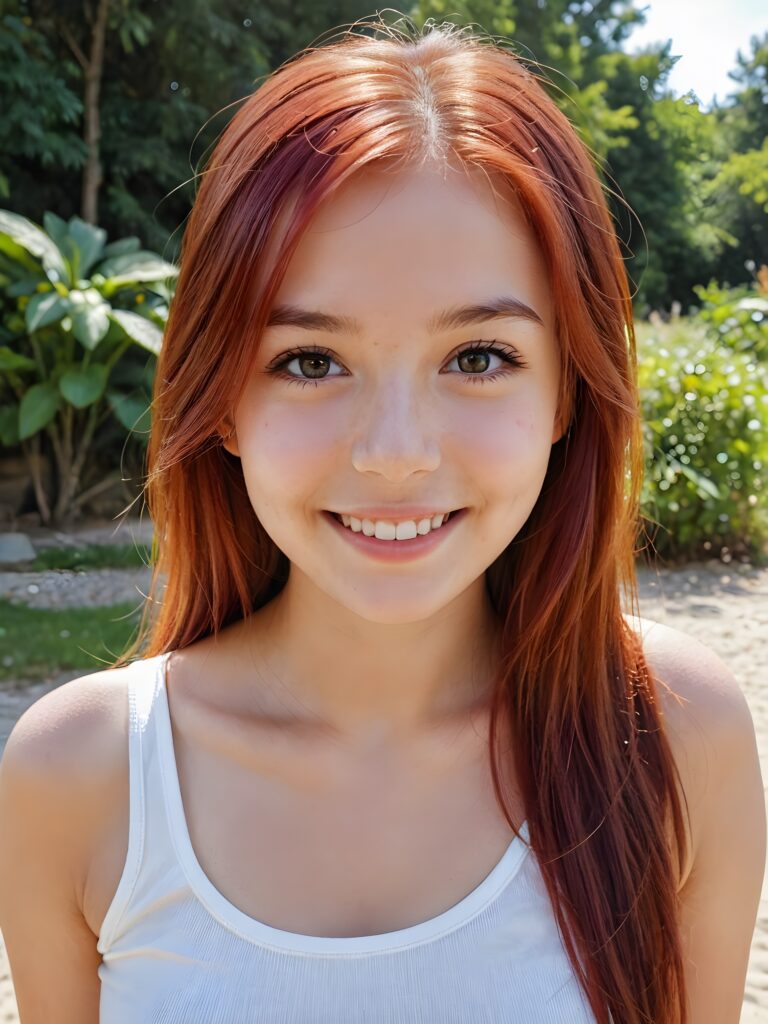 a young girl with red long and straight hair, clear, shining eyes, a wonderful smile enchants the viewer, tank top