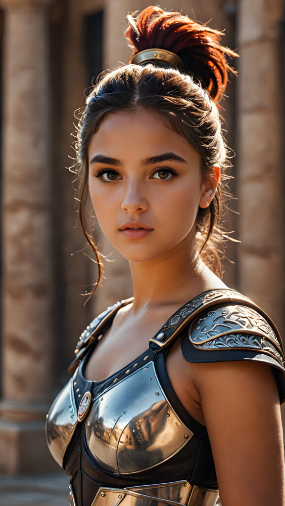 a (((young gladiator girl))) with exquisite detailed hair, a perfectly curvaceous body, striking realistic black eyes, intricate straight hair, dressed in a sleek, form-fitting outfit that accentuates every curve, captured in a (((breathtakingly beautiful photo))), oozing with (ultra realism) and (ultra high resolution), with luxurious, deep shadows that bring a (masterful artistry) vibe