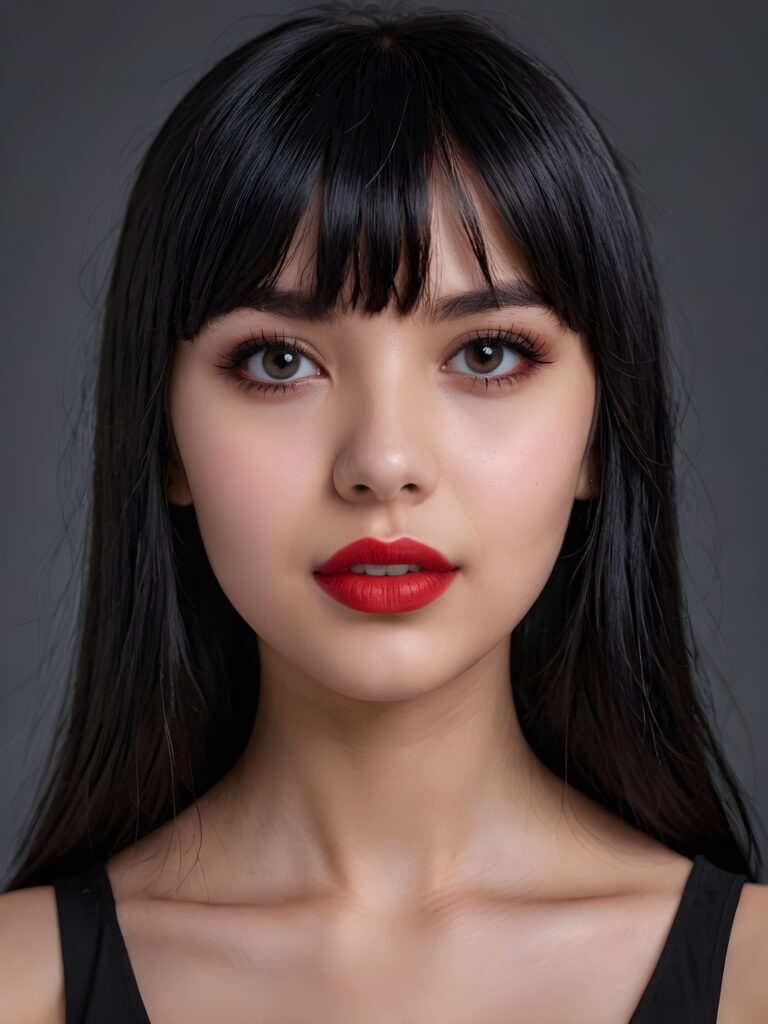 a young goth teen girl, 13 years old, flawless skin, ((stunning)) ((gorgeous)) ((detailed close-up portrait)) ((straight black hair in bangs cut)) ((dark eyes)) ((angelic round face)), ((grey background)), warm smile, white teeth, ((full red lips))