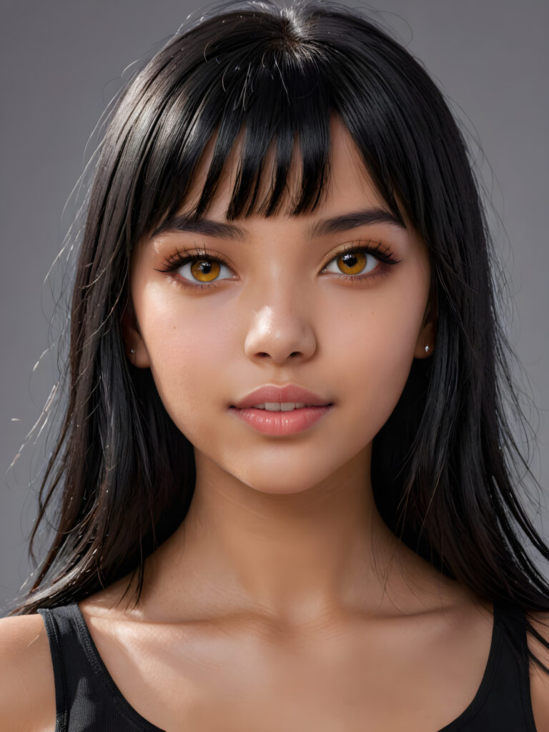 a young goth teen girl, 13 years old, flawless skin, black t-shirt, ((stunning)) ((gorgeous)) ((detailed close-up portrait)) ((straight black hair in bangs cut)) ((amber eyes)) ((angelic round face)), ((grey background)), warm smile, white teeth, ((full lips))