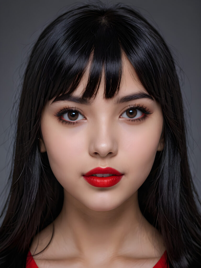 a young goth teen girl, 13 years old, flawless skin, ((stunning)) ((gorgeous)) ((detailed close-up portrait)) ((straight black hair in bangs cut)) ((dark eyes)) ((angelic round face)), ((grey background)), warm smile, white teeth, ((full red lips))