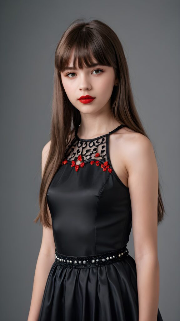 a young gothic teen girl, 13 years old, flawless skin, ((stunning)) ((gorgeous)) ((detailed full body portrait)) ((straight hair in bangs cut)) ((angelic round face)), ((grey background)), ((full red lips))