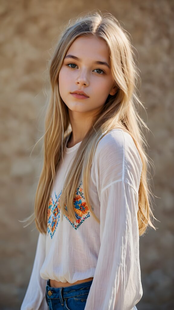 a young hippie teen girl, lightly dressed, 13 years old, blond straight hair, flawless skin, ((stunning)) ((gorgeous)) ((detailed full body portrait)), ((empty background)), ((full lips))