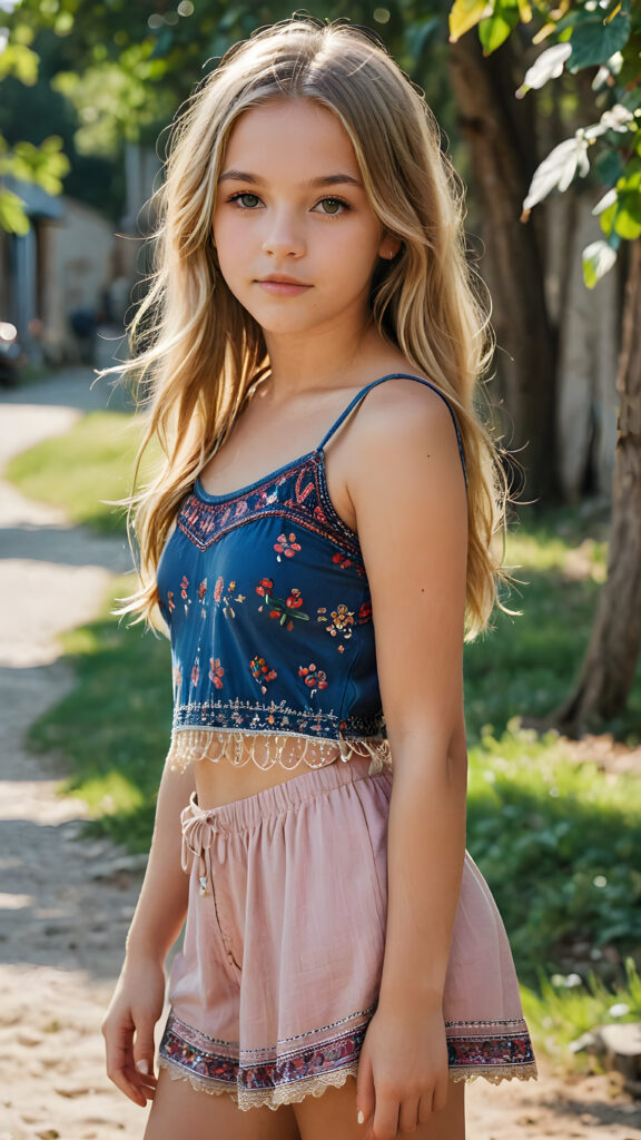 a young hippie teen girl, lightly dressed, 13 years old, blond straight hair, flawless skin, ((stunning)) ((gorgeous)) ((detailed full body portrait)), ((empty background)), ((full lips))