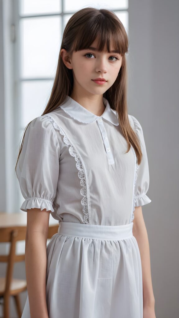 a young maid teen girl, lightly dressed, 13 years old, flawless skin, ((stunning)) ((gorgeous)) ((detailed full body portrait)) ((straight hair in bangs cut)) ((angelic round face)), ((empty background)), ((full lips))