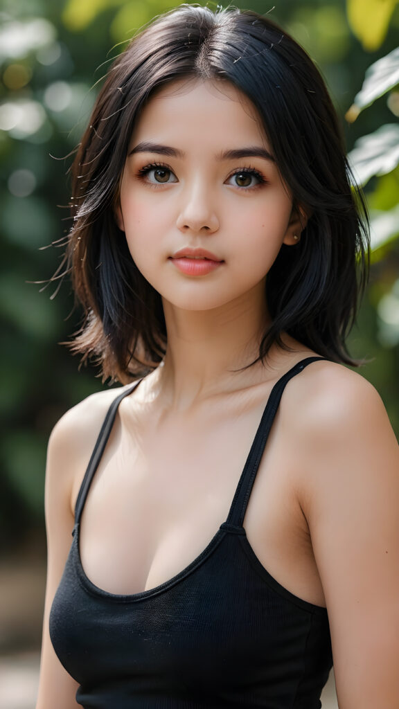 a (((young petite girlie))), wears a short cropped black tank top, straight soft long black hair, black detailed beautiful eyes, ((round face)), full kissable lips, round eyes, perfect skin